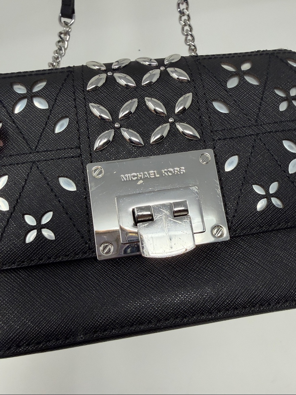 Michael Kors Black Leather Shoulder Bag with Silver Floral Studs - Picture 5 of 9